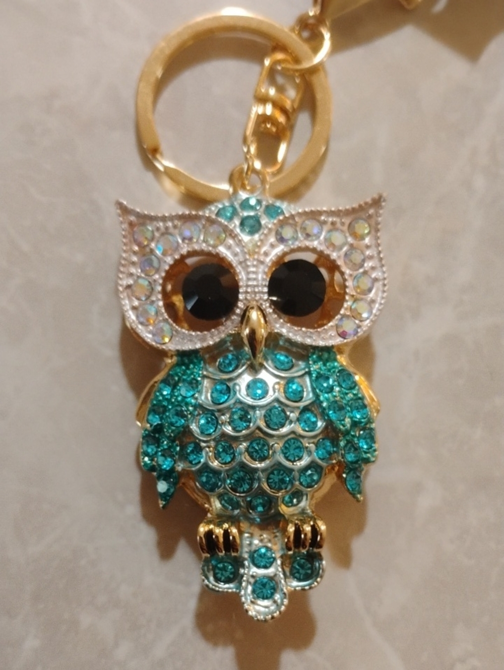 Teal Crystal Owl Keychain Charm - Gold Hardware